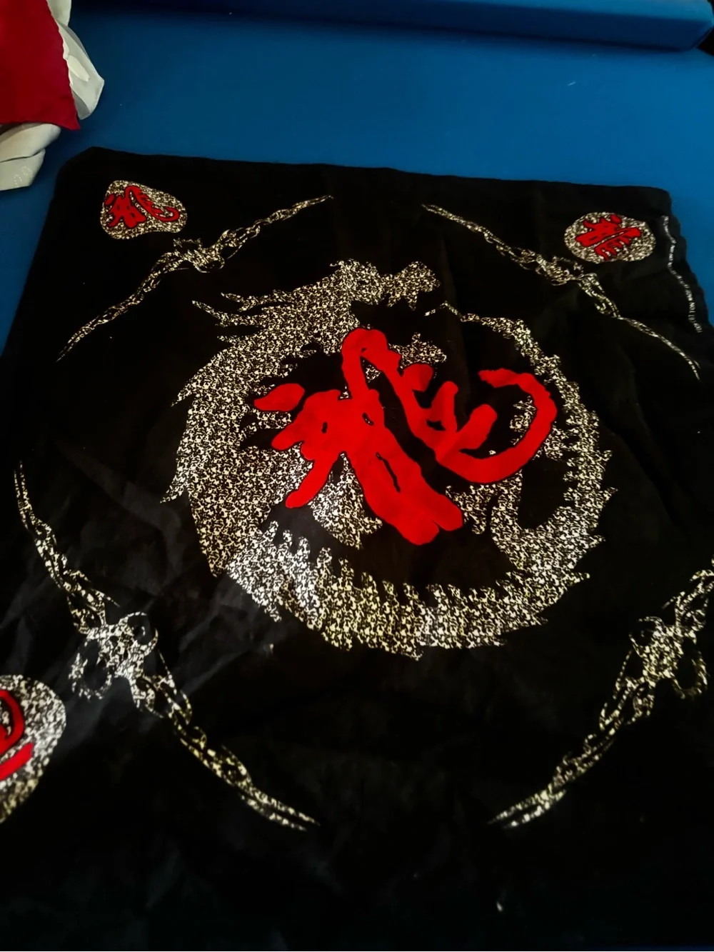 Black Bandana Scarf with Red Chinese Character and Silver Sparkle Design